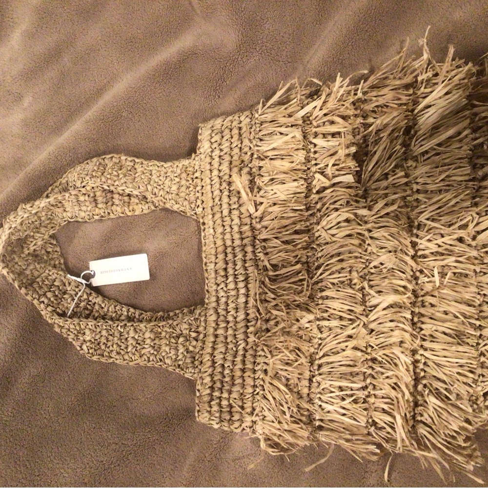 Tan Woven Tote Bag with Fringe Details